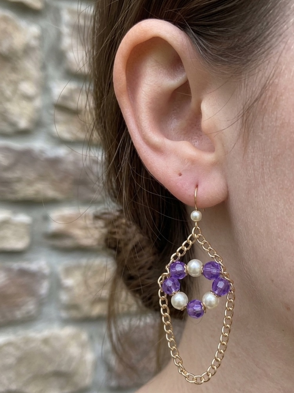 Handmade Gold Chain Drop Earrings with Purple Crystal and Pearl Accents